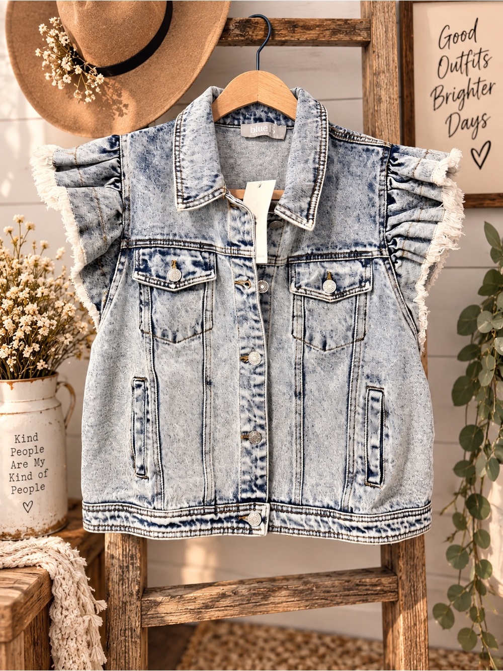 Blue Washed Denim Ruffle-Sleeve Vest by